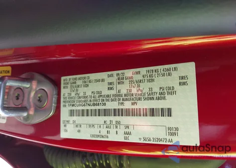 2022 Ford Escape Se из США, поврежденный, VIN 1FMCU0G67NUB68130